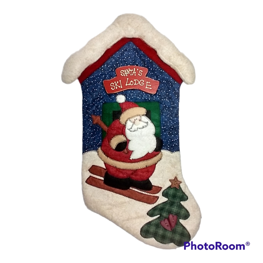 Christmas Stocking/Decoration Santa's Ski Lodge Folk Art Felt
